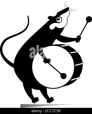 Drôle de rat ou de souris un batteur illustration isolée. Le rat ou la souris de dessin animé bat un grand tambour en utilisant le bâton de tambour noir sur l'illustration blanche Illustration de Vecteur