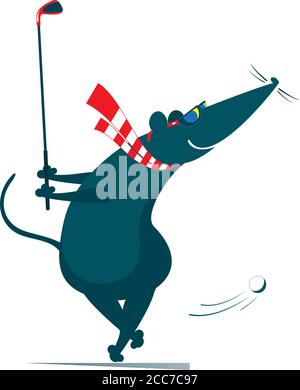 Dessin animé rat ou souris joue l'illustration de golf. Drôle de rat ou de souris essaie de faire un bon coup isolé sur blanc Illustration de Vecteur