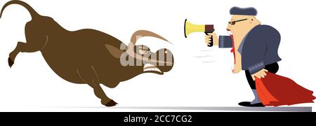 Un chasseur de taureaux de dessin animé crie sur l'illustration du taureau en colère. Un taureau de dessin animé avec le cap matador et le mégaphone crie au taureau en colère isolé Illustration de Vecteur