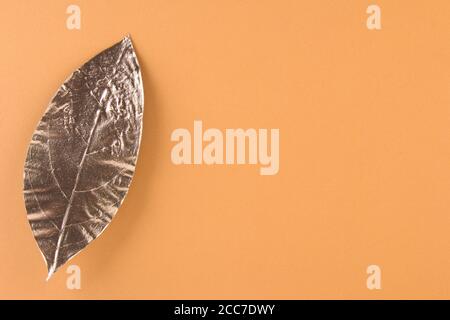 Feuilles peintes en or sur fond orange. Golden automne concept. Banque D'Images