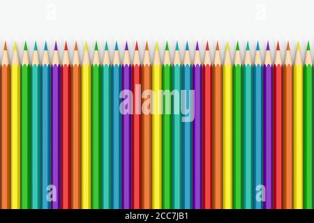 Crayons colorés sur une rangée avec arrière-plan blanc, rendu 3d. Dessin numérique informatique. Banque D'Images