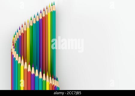 Crayons colorés sur une rangée avec arrière-plan blanc, rendu 3d. Dessin numérique informatique. Banque D'Images