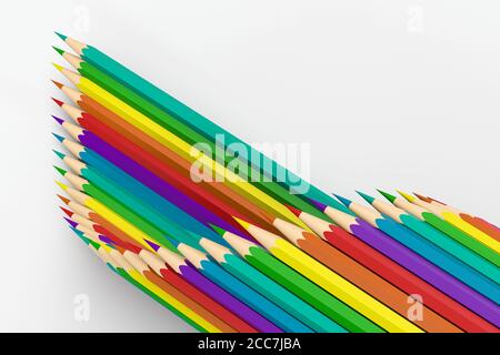 Crayons colorés sur une rangée avec arrière-plan blanc, rendu 3d. Dessin numérique informatique. Banque D'Images