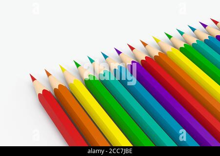 Crayons colorés sur une rangée avec arrière-plan blanc, rendu 3d. Dessin numérique informatique. Banque D'Images