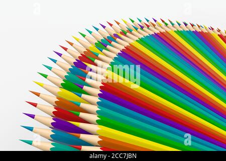 Crayons colorés sur une rangée avec arrière-plan blanc, rendu 3d. Dessin numérique informatique. Banque D'Images