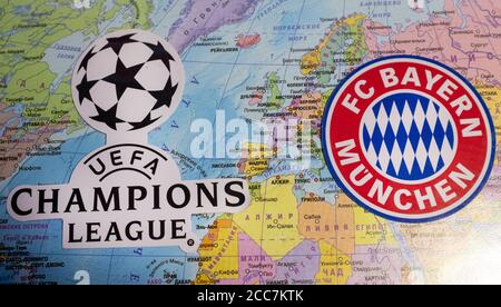 20 août 2020 Lisbonne, Portugal. Les emblèmes du FC Bayern Munich, finaliste de l'UEFA Champions League 2019/2020, sur la carte de l'UE Banque D'Images