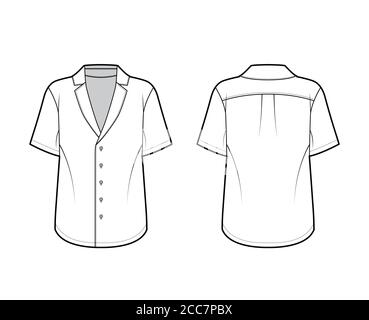 Chemise de pyjama technique avec silhouette ample, boutons à l'avant et col pointu cranté, manches courtes. Modèle de vêtement plat avant arrière de couleur blanche. Femmes hommes unisexe haut Illustration de Vecteur