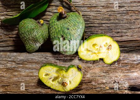 Atemoia (nom scientifique Annona cherimola Mill x Annona squamosa L.) est un fruit hybride, le résultat d'un croisement artificiel fait en Afrique du Sud et Banque D'Images