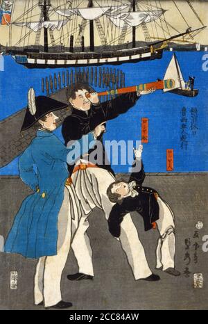 Japon: "Les Russes s'amusent le dimanche à Yokohama". Imprimé en blocs de bois par Utagawa Sadahide (1807-1878/1879), 1861. Utagawa Sadahide, également connu sous le nom de Gountei Sadahide, était un artiste japonais plus connu pour ses imprimés dans le style ukiyo-e en tant que membre de l'école Utagawa. Ses tirages couvraient une grande variété de genres; parmi ses plus connus sont ses photos de Yokohama-e d'étrangers à Yokohama dans les années 1860, une période où il était un artiste le plus vendu. Il a été membre de la délégation du shogunat Tokugawa à l'exposition internationale de 1867 à Paris. Banque D'Images