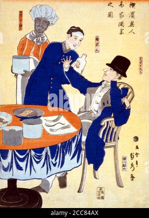 Japon: 'Banquet dans une maison Mercantile étrangère à Yokohama'. Imprimé en blocs de bois par Utagawa Sadahide (1807-1878/1879), 1861. Utagawa Sadahide, également connu sous le nom de Gountei Sadahide, était un artiste japonais plus connu pour ses imprimés dans le style ukiyo-e en tant que membre de l'école Utagawa. Ses tirages couvraient une grande variété de genres; parmi ses plus connus sont ses photos de Yokohama-e d'étrangers à Yokohama dans les années 1860, une période où il était un artiste le plus vendu. Il a été membre de la délégation du shogunat Tokugawa à l'exposition internationale de 1867 à Paris. Banque D'Images