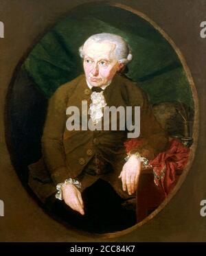 Allemagne : Portrait d'Emmanuel Kant (22 avril 1724 - 12 février 1804), philosophe et écrivain allemand. Peinture à l'huile par Gottlieb Doebler (c. 1762 - 1810), 1791. Emmanuel Kant était un philosophe allemand considéré par beaucoup comme une figure vitale dans le développement de la philosophie moderne. Kant a soutenu que l'esprit humain forme la structure de l'expérience humaine, et que la raison est la source de la moralité, entre autres idées. Il était l'un des premiers représentants de la croyance que la paix perpétuelle pouvait être réalisée par la démocratie universelle et la coopération internationale. Banque D'Images