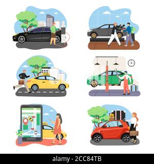 Les gens et les voitures dans leur ensemble de composition de vie, illustration à vecteur plat isolé Illustration de Vecteur