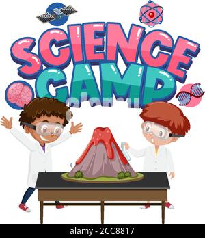 Logo du camp scientifique et illustrations d'expériences scientifiques sur le volcan Illustration de Vecteur