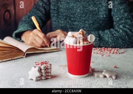 Gobelet en papier de chocolat chaud avec guimauve devant les femmes écrivent quelque chose dans le carnet Banque D'Images