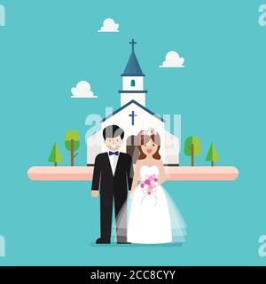 Cérémonie de mariage à l'église. Couple de mariage sont debout devant l'église. Illustration vectorielle Illustration de Vecteur