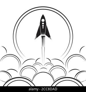 Illustration du contour d'une fusée à venir avec de la fumée. Illustration vectorielle noir et blanc Illustration de Vecteur