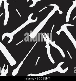 Texture noire et blanche sans couture avec silhouettes d'outils de travail. Motif vectoriel pour votre créativité Illustration de Vecteur