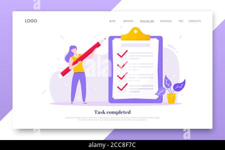 Enquête en ligne de forme de concept d'affaires avec une petite personne avec grand crayon à proximité de presse-papiers géants Illustration de Vecteur