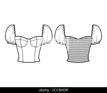 Bijou court corset-style top technique de mode illustration avec épaules bouffantes, tasses moulées, coupe ajustée, dos shirred. Modèle de vêtement plat avant arrière de couleur blanche. Femmes hommes, chemise unisexe Illustration de Vecteur