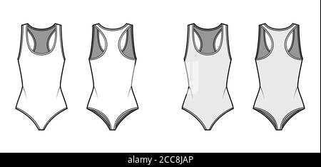 Body en jersey de coton à encolure en U profonde et motif de mode technique. Modèle de vêtement extérieur plat une pièce avant, arrière blanc couleur grise. Femmes hommes unisex maillot de bain CAD maquette Illustration de Vecteur