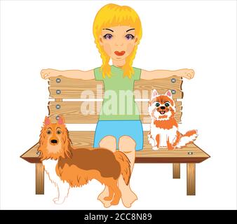 Faire paraître une jeune fille avec un chat et un chien animal Illustration de Vecteur