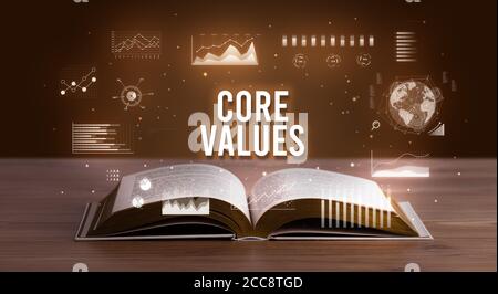 Les valeurs de base de l'inscription d'un livre ouvert, creative business concept Banque D'Images