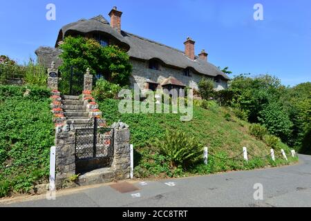 Cottage au toit de chaume sur l'île de Wight. Banque D'Images