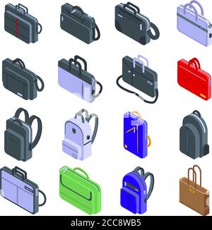 Ensemble d'icônes de sac pour ordinateur portable, style isométrique Illustration de Vecteur