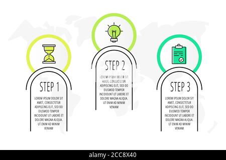 Cercles infographiques avec 3 étapes, icônes. Modèle vectoriel à ligne plate. Peut être utilisé pour trois diagrammes, business, web, bannière, info graphe, timeline Illustration de Vecteur