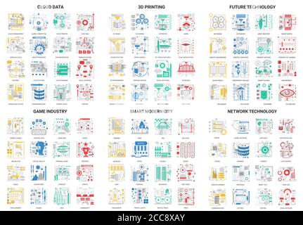 Jeu d'illustrations vectorielles d'icônes abstraites à lignes fines et plates avec la technologie future dans les symboles de villes intelligentes, les données du cloud et la sécurité du réseau, l'impression 3d, le secteur des jeux vidéo esquisse la collection TECH Modern Illustration de Vecteur