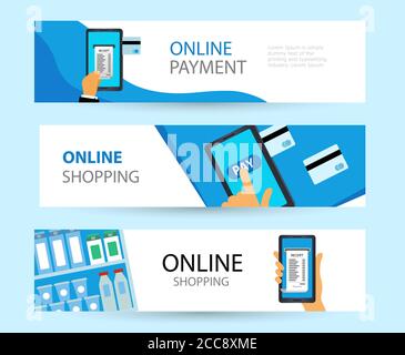 Placez des bannières horizontales sur le sujet des achats en ligne. Boutique en ligne, paiement en ligne par carte bancaire par téléphone portable. Illustration vectorielle plate. Illustration de Vecteur