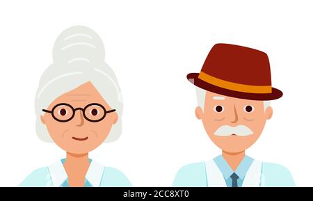 Portrait des grands-parents en gros plan. Vieux gens heureux. Grand-mère avec verres, grand-père avec chapeau. Illustration vectorielle. Illustration de Vecteur