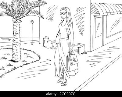 Femme venant du magasin avec les sacs de shopping. Rue route palmiers graphique noir blanc paysage dessin illustration vecteur Illustration de Vecteur