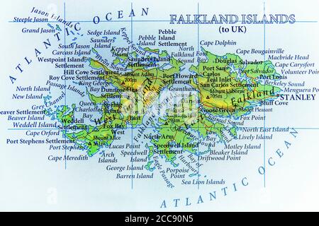 Carte géographique des îles Falkland avec des villes importantes Banque D'Images