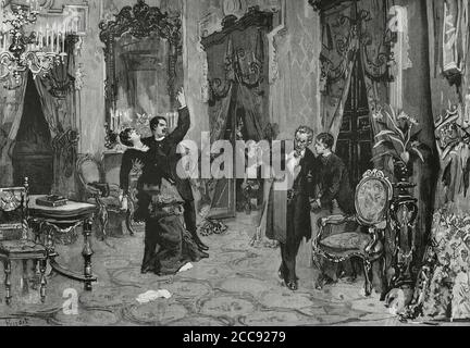 José Echegaray y Eizaguirre (1832-1916). Ingénieur espagnol, dramaturge, politicien et mathématicien. Leader du dramaturge espagnol du dernier quart du 19e siècle. Prix Nobel de littérature en 1904. Scène finale de l'un de ses drames 'El Gran Galeoto' (le Grand Galeoto). Il s'agit de l'effet toxique que les potins infondés ont sur le bonheur d'un homme d'âge moyen. Illustration par Ferrant. Gravure de Rico. La Ilustracion Española y Americana, 1881. Banque D'Images