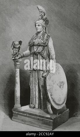 Reproduction de la statue faite par le sculpteur grec classique Fidea de la déesse Athena (la Minerve romaine), connue sous le nom d'« Athena Parthenos ». Gravure de Rico. La Ilustracion Española y Americana, 1881. Banque D'Images