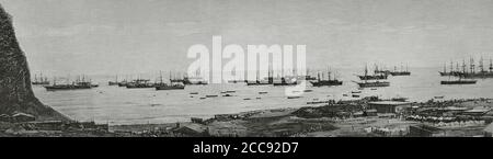 Guerre du Pacifique ou guerre Saltpeter. Conflit armé entre 1879-1883 qui a opposé le Chili à ses alliés, la Bolivie et le Pérou. Vue panoramique de la baie et du port d'Arica, lorsque la troisième expédition chilienne s'est lancée le 15 décembre 1880. Gravure. La Ilustracion Española y Americana, 1881. Banque D'Images