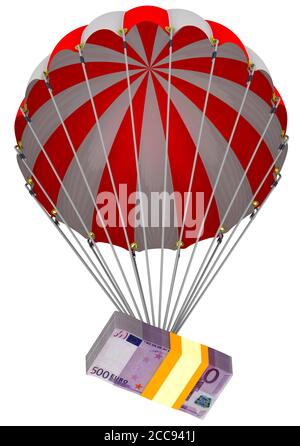 Un paquet de billets européens descend sur un parachute. Isolé. Illustration 3D Banque D'Images