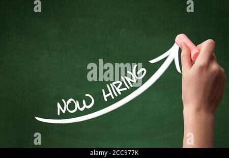 Hand drawing NOW HIRING inscription avec craie blanche sur tableau noir, concept d'entreprise Banque D'Images