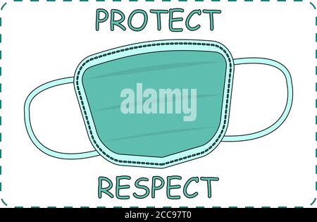 Illustration vectorielle d'un masque avec le respect DE la protection de texte. Affiche pour la salle de classe. Retour à l'école 2020. Responsabilité des élèves et des enseignants. Illustration de Vecteur