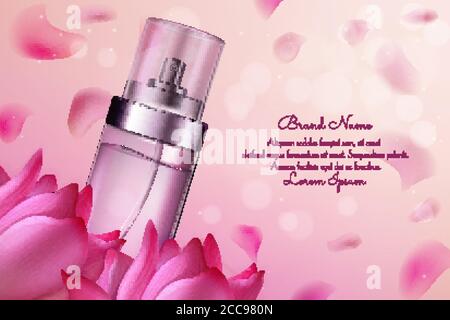 Illustration vectorielle parfum fleur cosmétique. Parfum naturel, produit parfumé aromatique en bouteille de verre réaliste sur fond floral rose avec pétales de fleur, publicité d'aromathérapie de cosmétologie Illustration de Vecteur