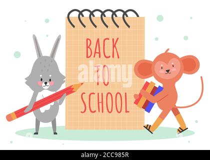 Illustration du vecteur de concept de retour à l'école. Dessin animé adorable animal moelleux étudiant personnages d'école avec crayon, pile de livres debout à côté de bloc-notes et de retour à l'école texte, l'éducation fond Illustration de Vecteur