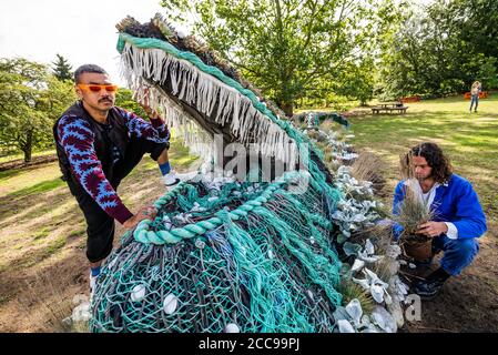 Londres, Royaume-Uni. 20 août 2020. Une sculpture botanique sur mesure d'une baleine à bosse émergeant de la pelouse d'Orangerie de Kew, créée par Andrew Whittle et Ryan Lanji (en photo), les gagnants de la série Netflix Original, « The Big Flower Fight ». La sculpture sera exposée du 22 août au 18 septembre dans le cadre du festival "Voyage du monde à Kew". La sculpture « vivante » contient plus de 700 plantes imitant les couleurs et les textures d'une baleine à bosse. Crédit : Guy Bell/Alay Live News Banque D'Images