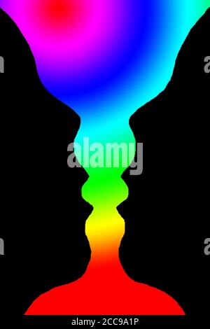 Illusion optique d'un vase avec fond bleu jaune ou deux personnes face l'une à l'autre, trouble mental de narcissisme et vase de Rubin, illusion optique Banque D'Images
