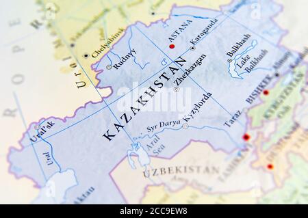 Carte géographique du Kazakhstan avec des villes importantes Banque D'Images