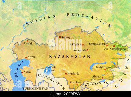 Carte géographique du Kazakhstan avec des villes importantes et d'autres environs pays Banque D'Images
