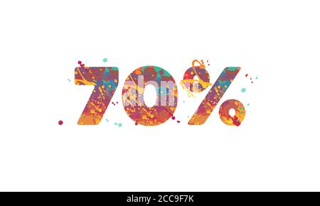 70 pour cent - inscription typographique avec taches multicolores de peinture en rouge, jaune, bleu sarcelle sur fond blanc. Illustration de stock vectoriel, élément de conception pour prospectus, bannière, étiquette, publicité. Illustration de Vecteur