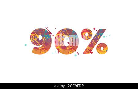 90 pour cent - inscription typographique avec taches multicolores de peinture en rouge, jaune, bleu sarcelle sur fond blanc. Illustration de stock vectoriel, élément de conception pour prospectus, bannière, étiquette, publicité. Illustration de Vecteur