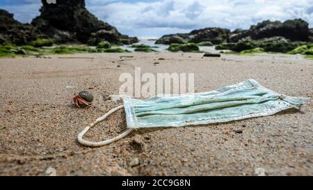 Un crabe ermite près des déchets médicaux masque les ordures dans l'eau de mer. Coronavirus covid-19 pollution maladie de l'environnement. Masque chirurgical utilisé jeté Banque D'Images