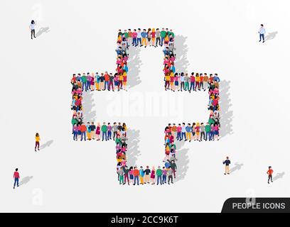 Un grand groupe de personnes vu d'en haut se sont rassemblées sous la forme d'un symbole de croix de médecine. Concept de soins médicaux. Illustration vectorielle Illustration de Vecteur